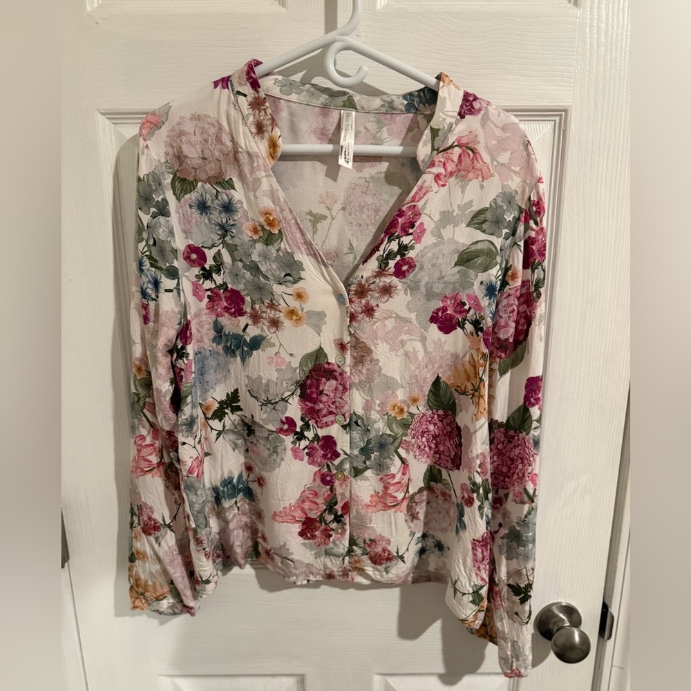 Anthropologie Floral V-Neck Blouse in White with Pink and Green Accents